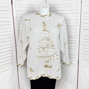 Vintage 90s JK Designs Christmas Tree Chunky Oversized Sweater White Gold 18‎